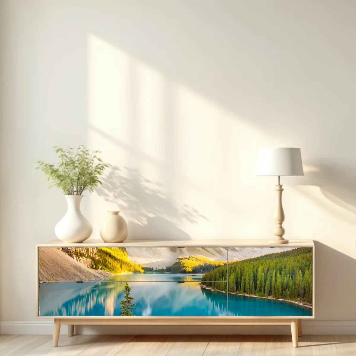 Repositionierbarer Aufkleber sonnenbeschienenes Moraine Lake bergpanorama Repositionierbarer Aufkleber sonnenbeschienenes Moraine Lake bergpanorama