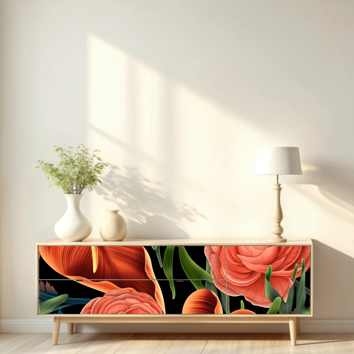 Repositionierbarer Aufkleber lebhaftes korallenblumenmuster auf schwarzem hintergrund Repositionierbarer Aufkleber lebhaftes korallenblumenmuster auf schwarzem hintergrund