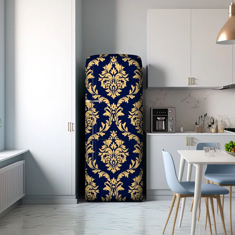 Kühlschrankaufkleber elegantes goldenes damastmuster auf tiefblauem hintergrund