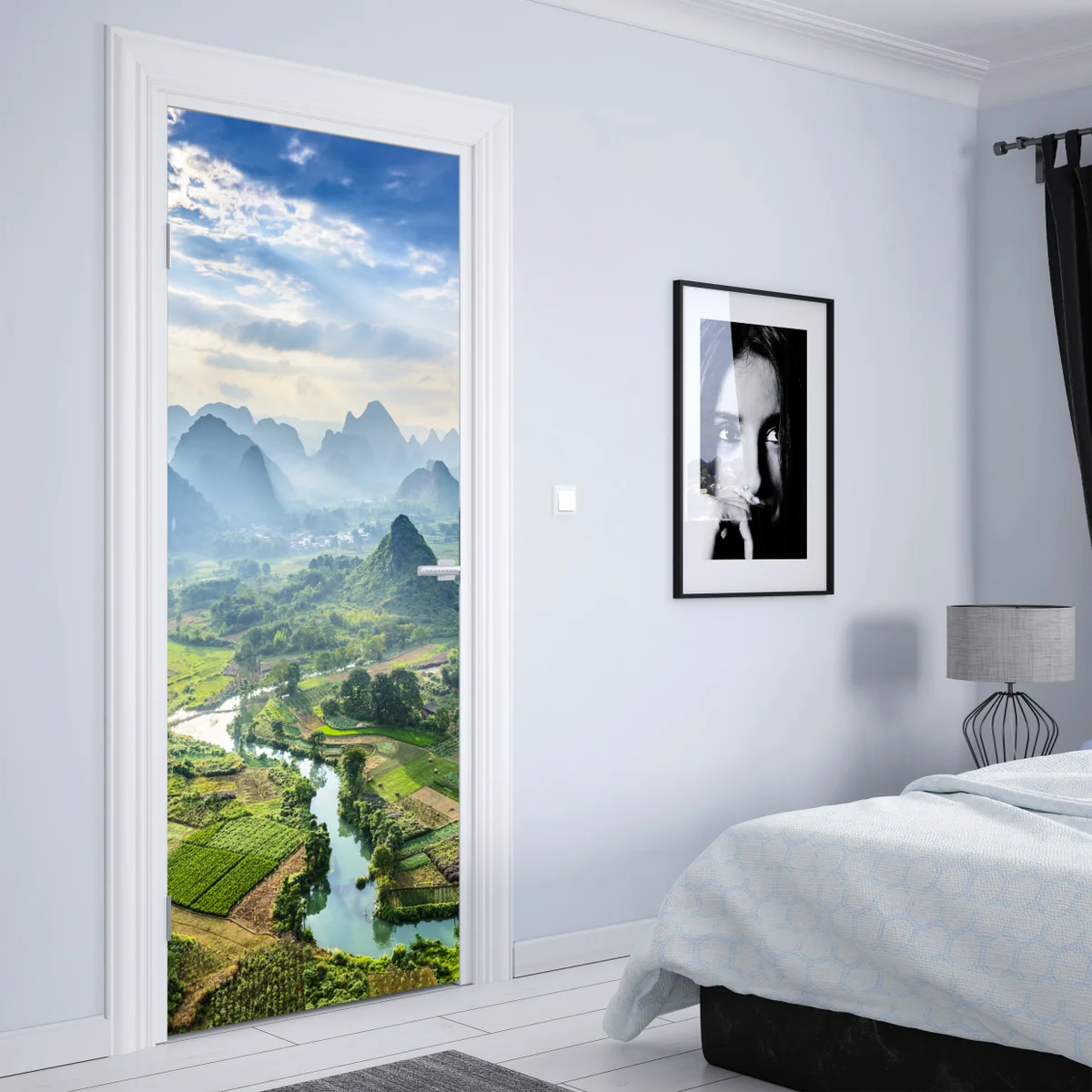 Türaufkleber nebliges karsttal bei sonnenaufgang Türaufkleber nebliges karsttal bei sonnenaufgang