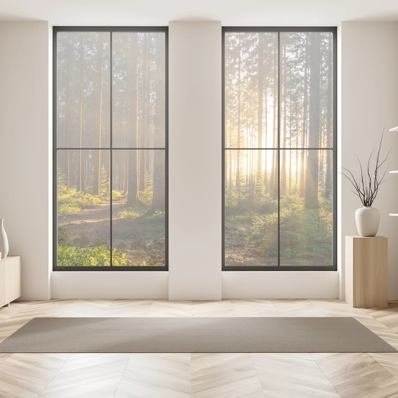 Fensteraufkleber sonnenbeschienener waldweg am morgen