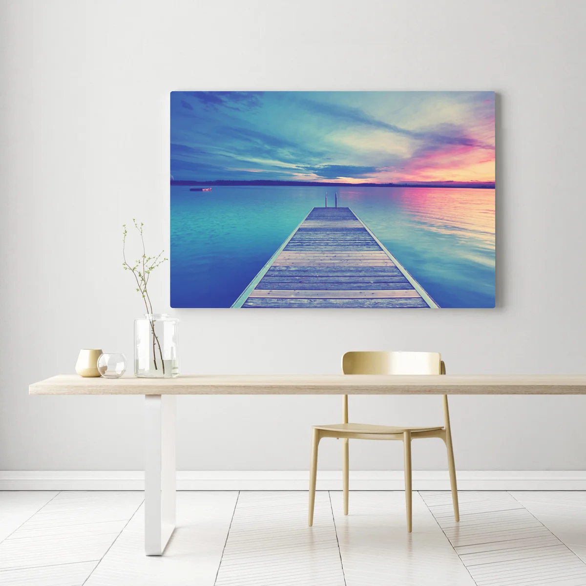 Leinwandbild pastellsteg am see bei sonnenuntergang Leinwandbild pastellsteg am see bei sonnenuntergang
