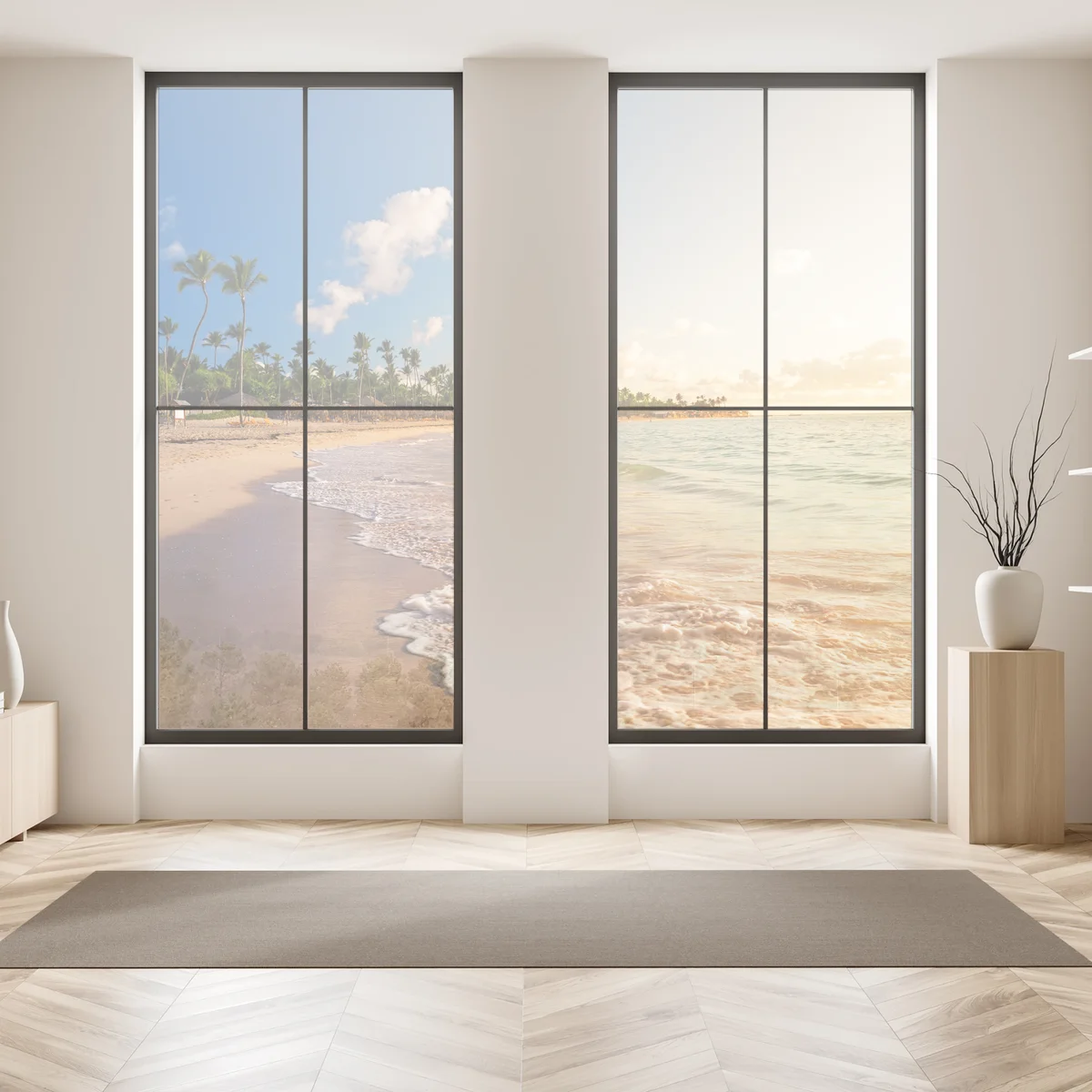 Fensteraufkleber tropischer sonnenuntergang am strand mit palmensilhouetten Fensteraufkleber tropischer sonnenuntergang am strand mit palmensilhouetten