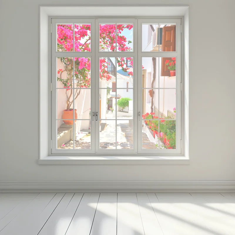 Fensteraufkleber sonnige mediterrane gasse mit bougainvillea Fensteraufkleber sonnige mediterrane gasse mit bougainvillea
