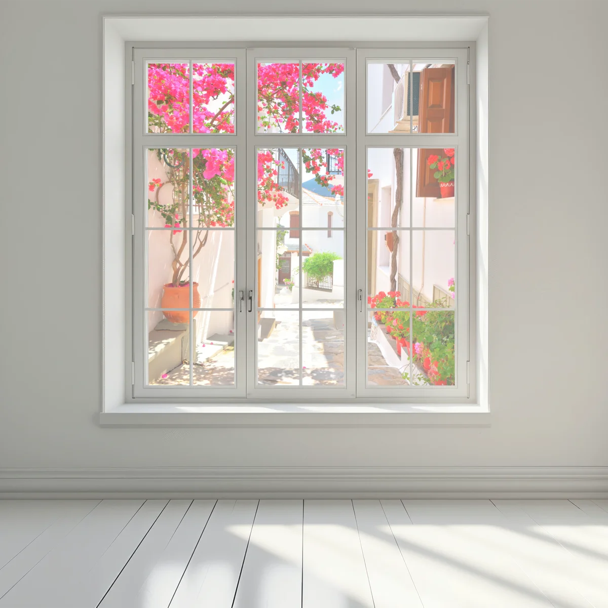 Fensteraufkleber sonnige mediterrane gasse mit bougainvillea Fensteraufkleber sonnige mediterrane gasse mit bougainvillea