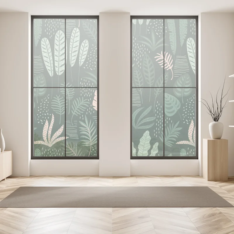 Fensteraufkleber tropisches blättermuster in sanften grüntönen und rosa