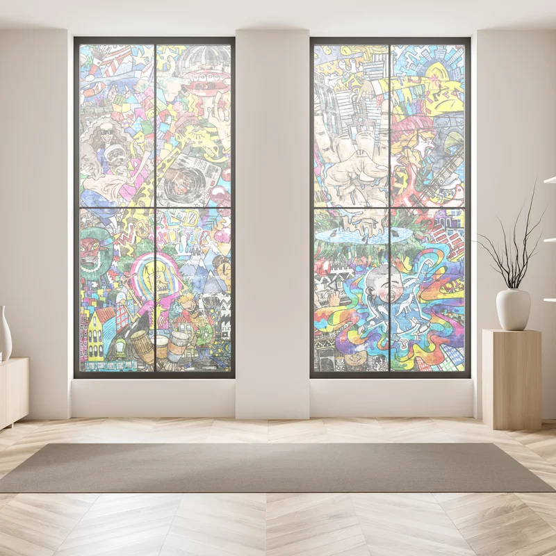 Fensteraufkleber farbenfrohes urbanes musikmural