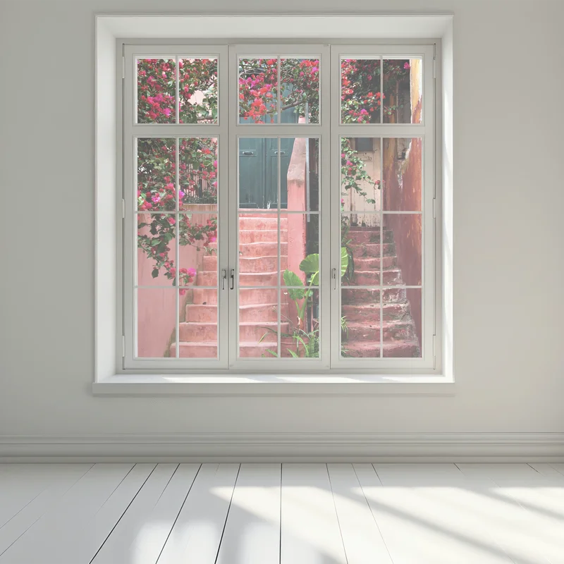 Fensteraufkleber treppe mit bougainvillea und grünen pflanzen