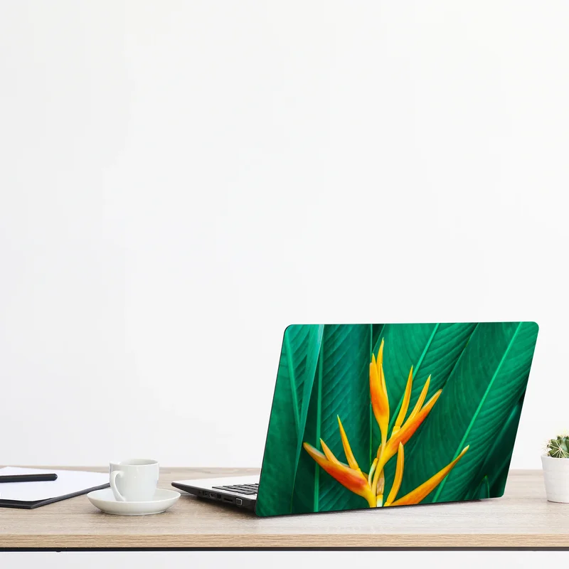 Laptop-Aufkleber leuchtende tropische paradiesvogelblume auf grünen blättern Laptop-Aufkleber leuchtende tropische paradiesvogelblume auf grünen blättern