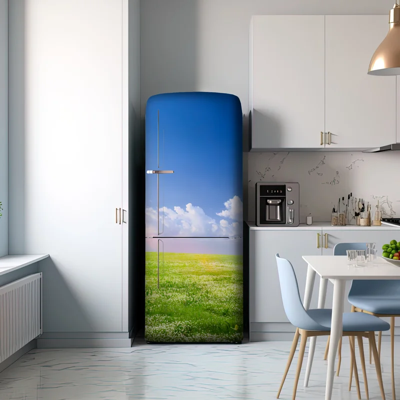 Kühlschrankaufkleber sonnige frühlingswiese unter blauem himmel Kühlschrankaufkleber sonnige frühlingswiese unter blauem himmel