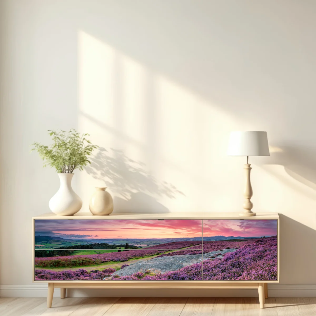 Repositionierbarer Aufkleber violette heideflächen bei sonnenuntergang Repositionierbarer Aufkleber violette heideflächen bei sonnenuntergang