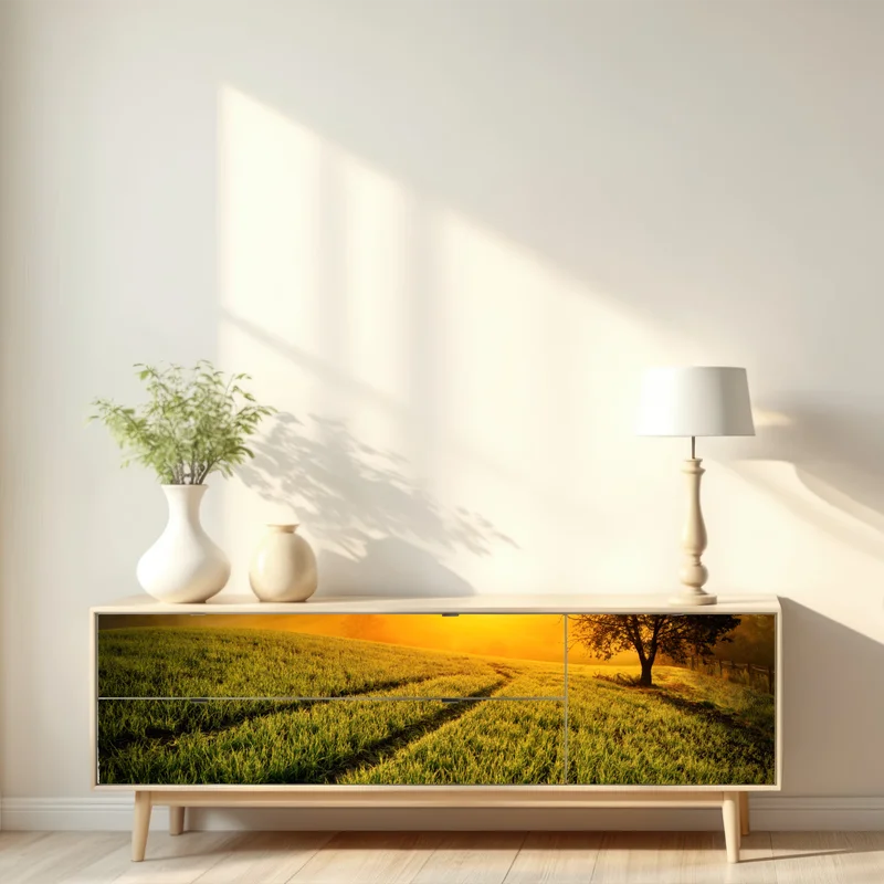 Repositionierbarer Aufkleber sonnenbeschienene wiese im frühlicht