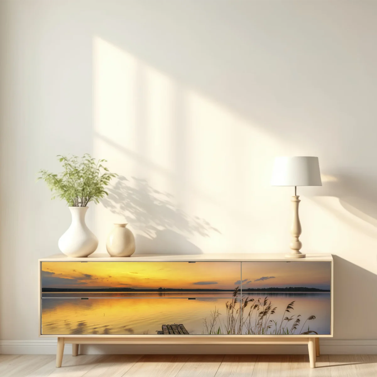 Repositionierbarer Aufkleber goldener sonnenuntergang am see mit steg Repositionierbarer Aufkleber goldener sonnenuntergang am see mit steg