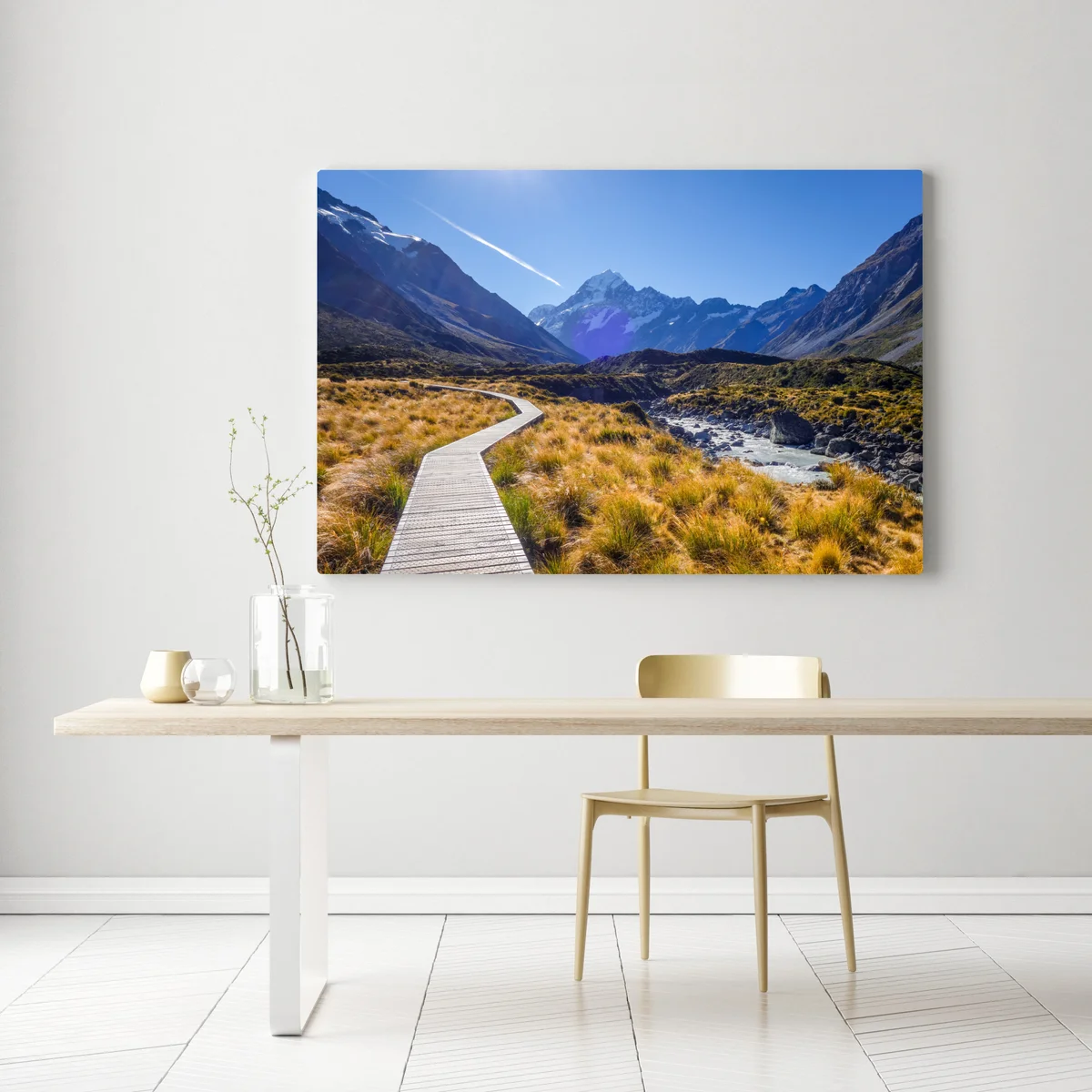Leinwandbild holzsteg im Hooker Valley mit blick auf Aoraki Mount Cook Leinwandbild holzsteg im Hooker Valley mit blick auf Aoraki Mount Cook