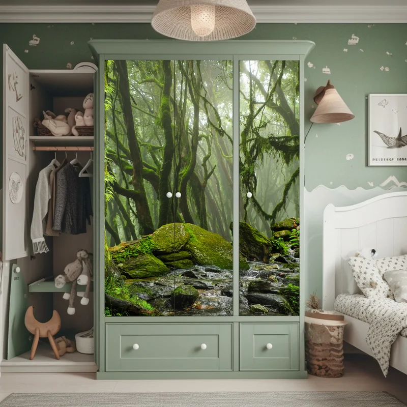 Schrankaufkleber moosiger wald mit bach im nebel