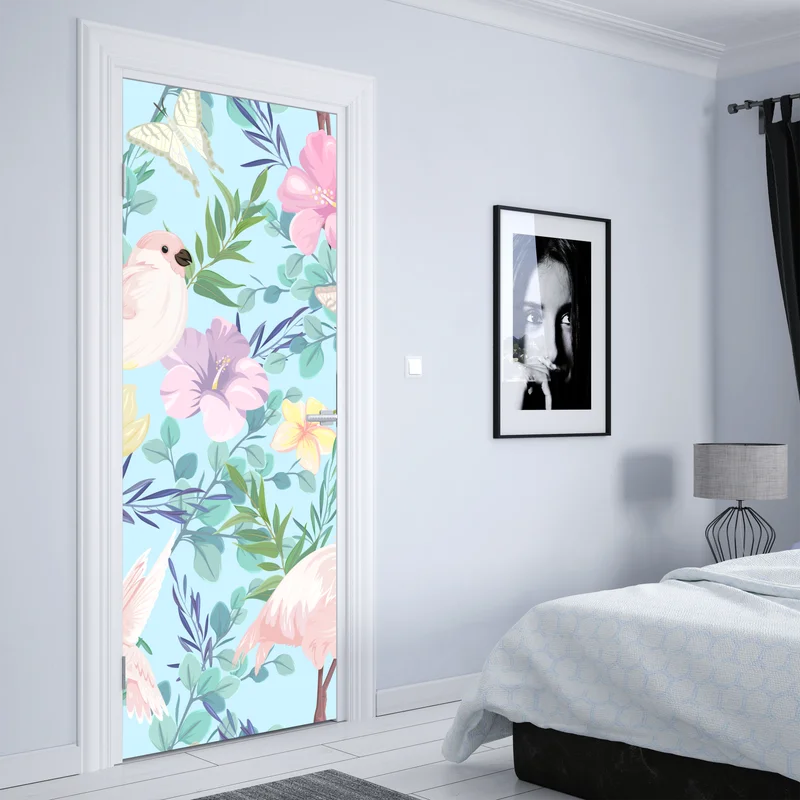Türaufkleber pastell tropisches vögel- und blumenmuster