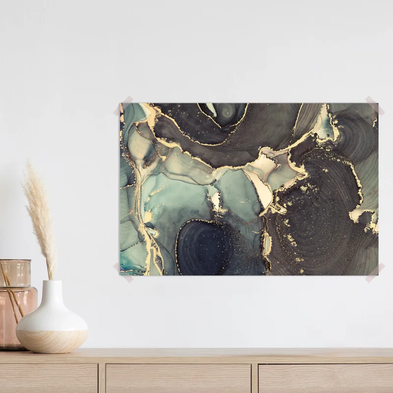 Poster türkis und gold abstrakte fließmalerei Poster türkis und gold abstrakte fließmalerei