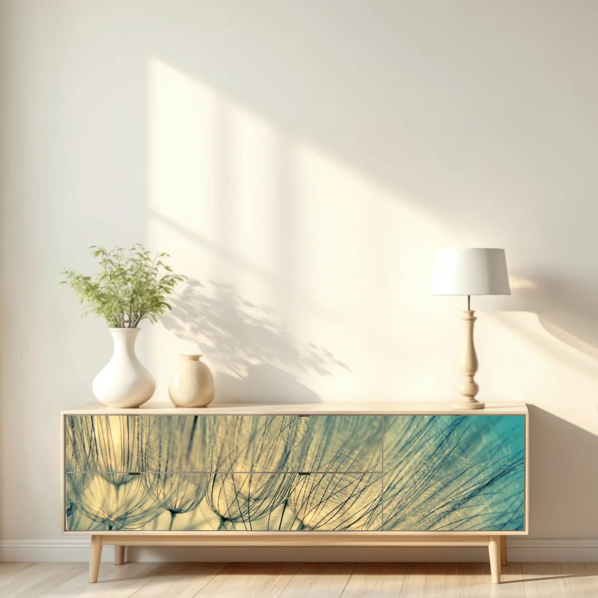 Repositionierbarer Aufkleber zarte löwenzahn-aufnahme in sanftem blau Repositionierbarer Aufkleber zarte löwenzahn-aufnahme in sanftem blau