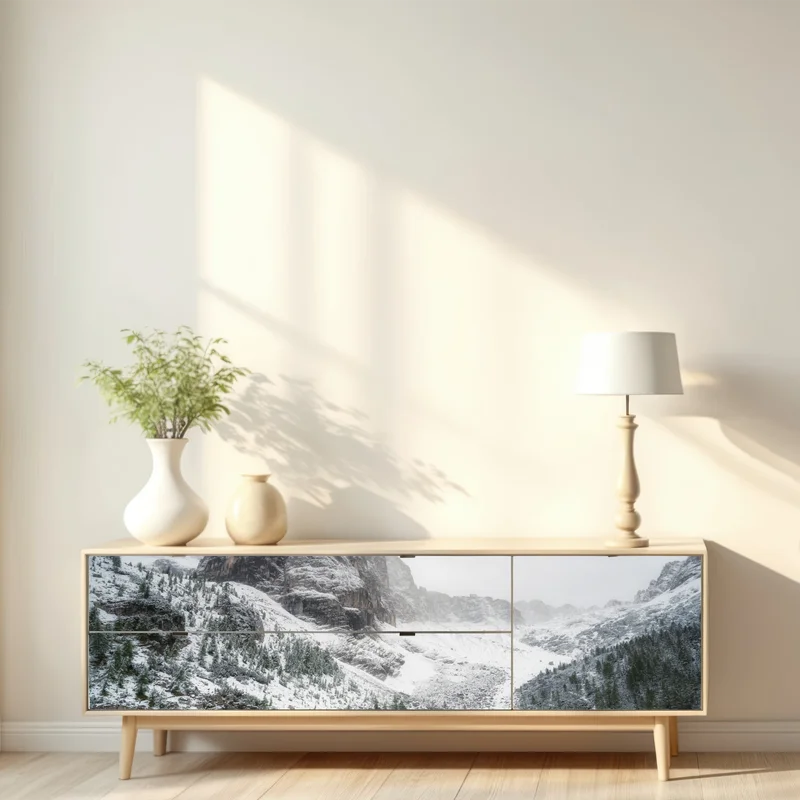 Repositionierbarer Aufkleber türkissee in alpiner landschaft unter schneebedeckten gipfeln