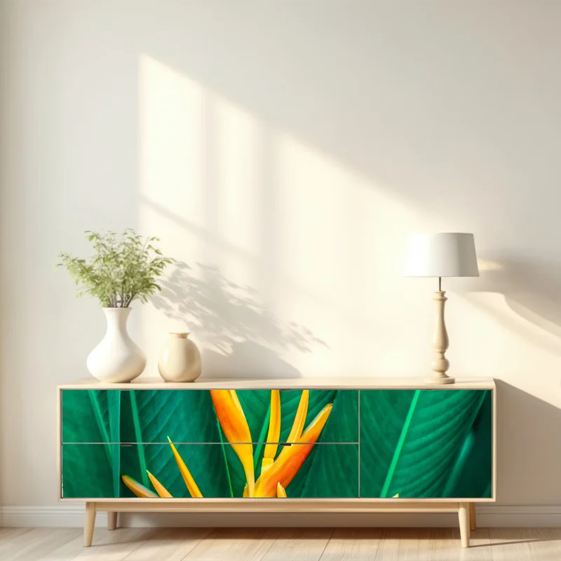 Repositionierbarer Aufkleber leuchtende tropische paradiesvogelblume auf grünen blättern