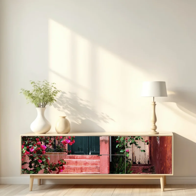 Repositionierbarer Aufkleber treppe mit bougainvillea und grünen pflanzen Repositionierbarer Aufkleber treppe mit bougainvillea und grünen pflanzen