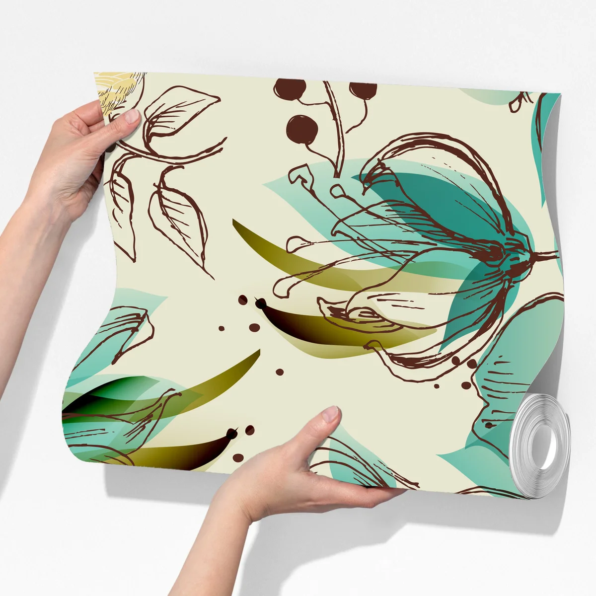 Fototapete retro türkis blumen- und vogelmuster Fototapete retro türkis blumen- und vogelmuster