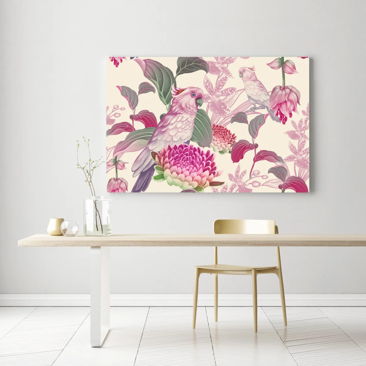 Leinwandbild rosa papagei und chrysantheme - botanisches motiv Leinwandbild rosa papagei und chrysantheme - botanisches motiv