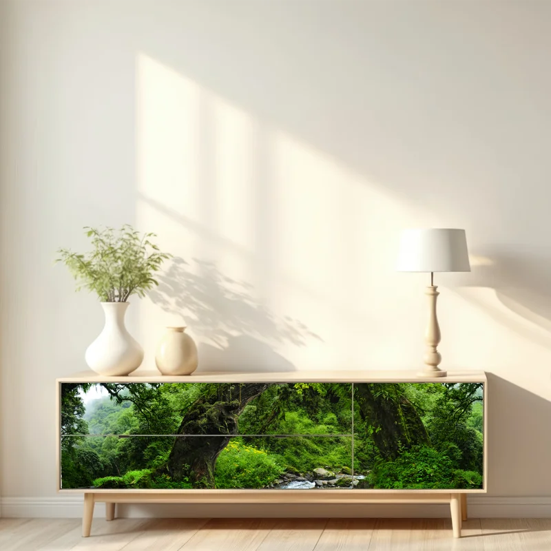 Repositionierbarer Aufkleber moosiger waldbach panorama