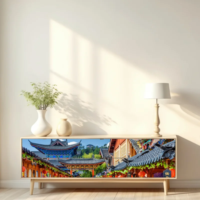 Repositionierbarer Aufkleber Lijiang alte gasse mit laternen