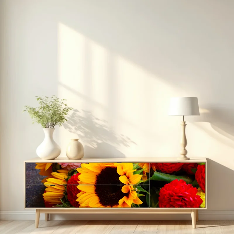 Repositionierbarer Aufkleber nahaufnahme sonnenblumen- und dahlienstrauß Repositionierbarer Aufkleber nahaufnahme sonnenblumen- und dahlienstrauß