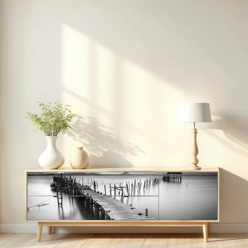 Repositionierbarer Aufkleber ruhiger hölzerner steg bei dämmerung