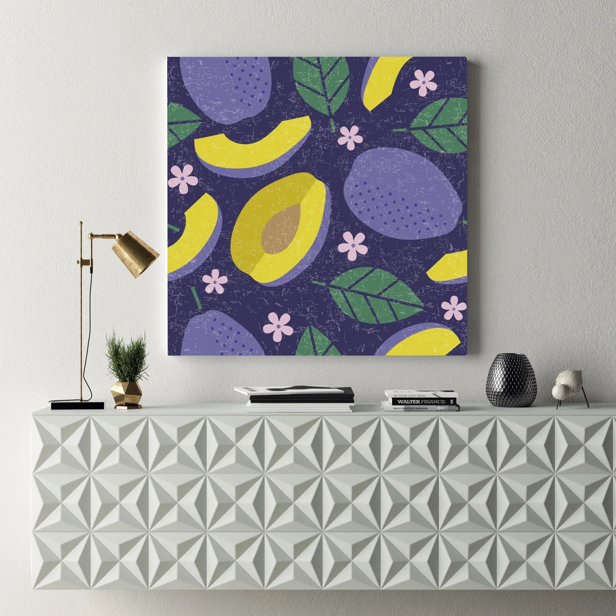 Leinwandbild verspieltes pflaumenmuster mit blättern Leinwandbild verspieltes pflaumenmuster mit blättern