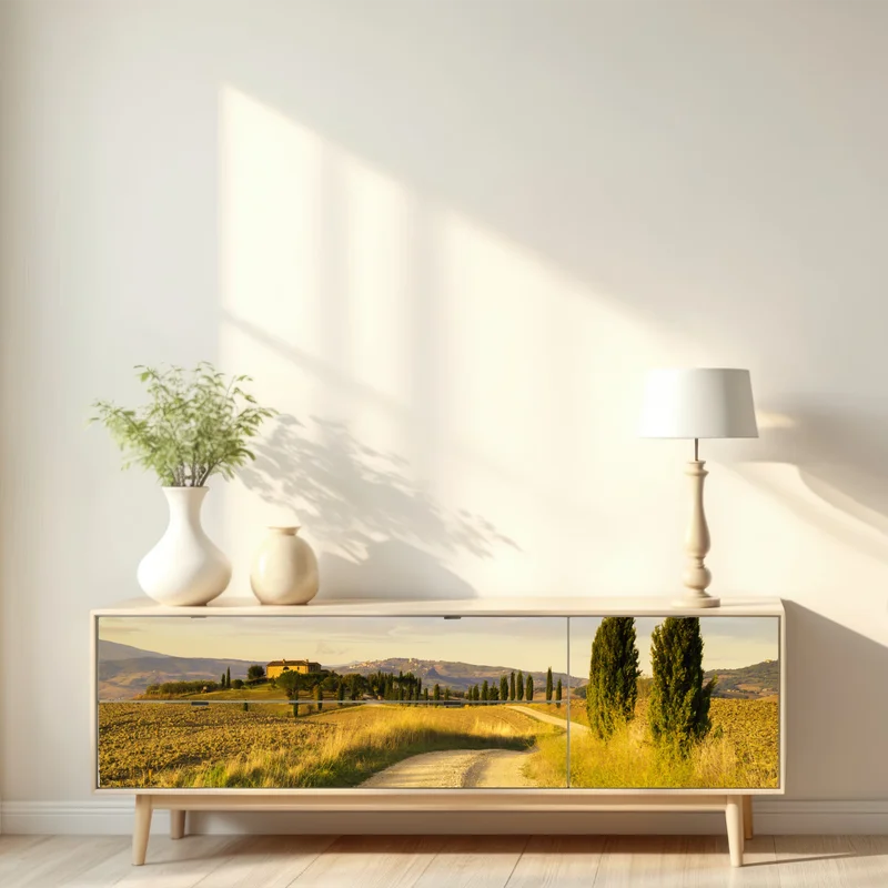 Repositionierbarer Aufkleber goldene landstraße zwischen zypressen