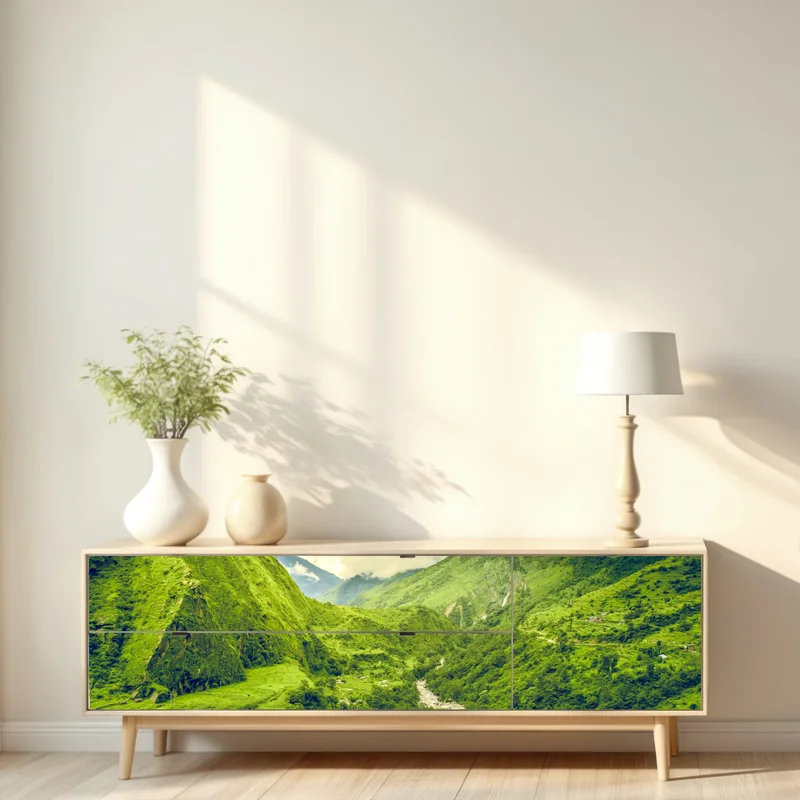 Repositionierbarer Aufkleber üppiges grünes bergtal mit fluss
