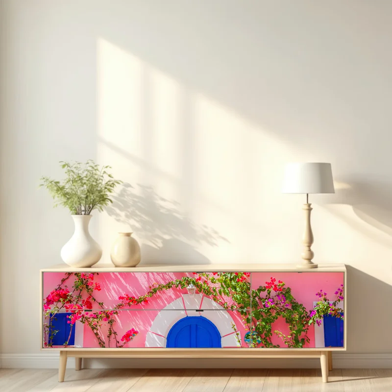 Repositionierbarer Aufkleber leuchtende rosa fassade mit blauer tür Repositionierbarer Aufkleber leuchtende rosa fassade mit blauer tür