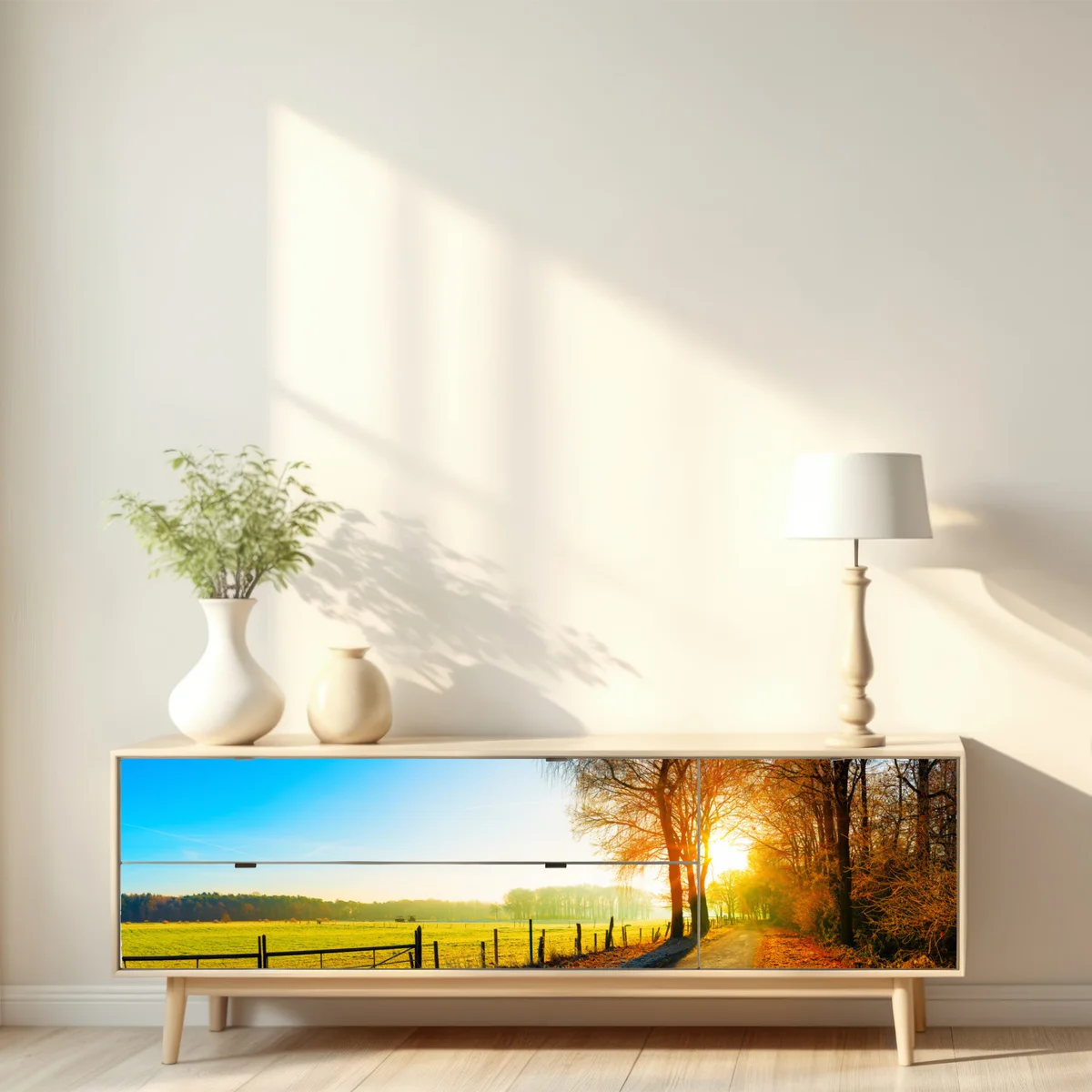 Repositionierbarer Aufkleber sonnenbeschienener landweg durch herbstliche wiese Repositionierbarer Aufkleber sonnenbeschienener landweg durch herbstliche wiese