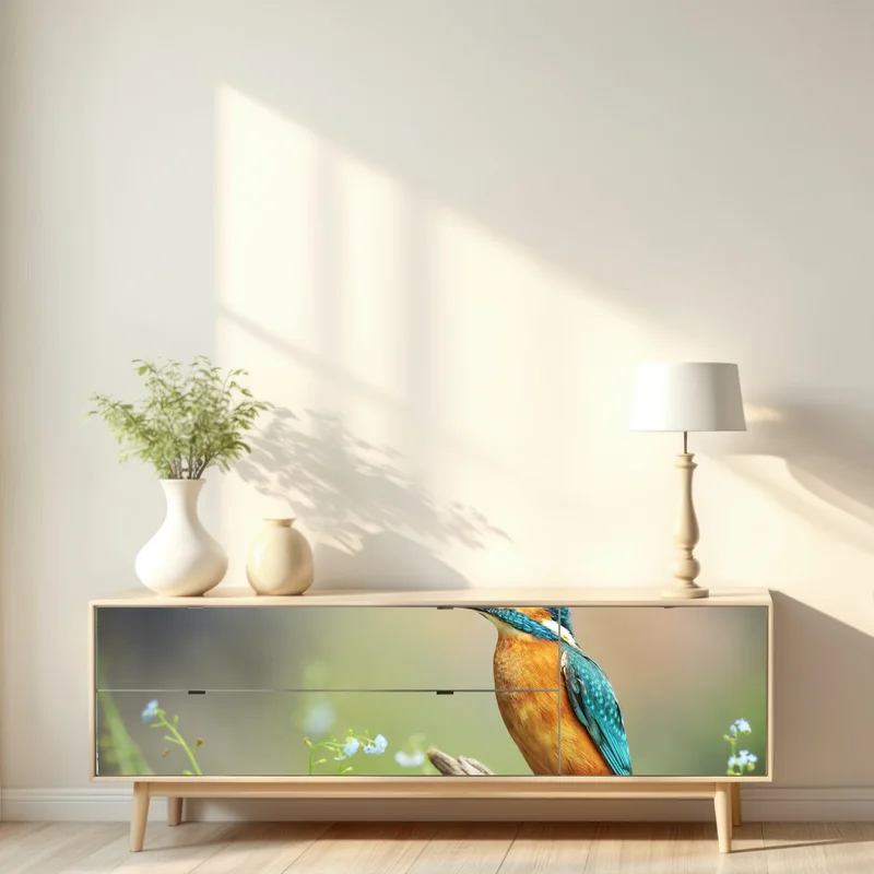 Repositionierbarer Aufkleber eisvogel auf einem ast mit fisch