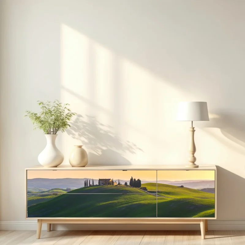 Repositionierbarer Aufkleber bauernhaus auf grünen hügeln, Crete Senesi