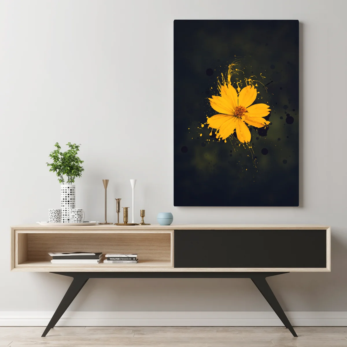 Leinwandbild leuchtende gelbe blüte auf dunklem hintergrund Leinwandbild leuchtende gelbe blüte auf dunklem hintergrund