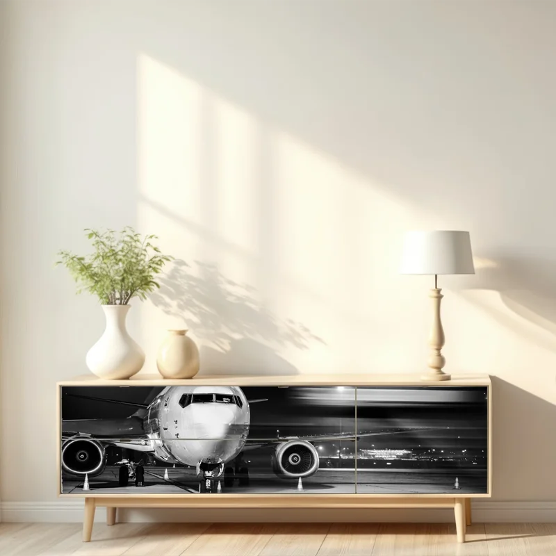 Repositionierbarer Aufkleber monochromes jet auf dem rollfeld bei nacht