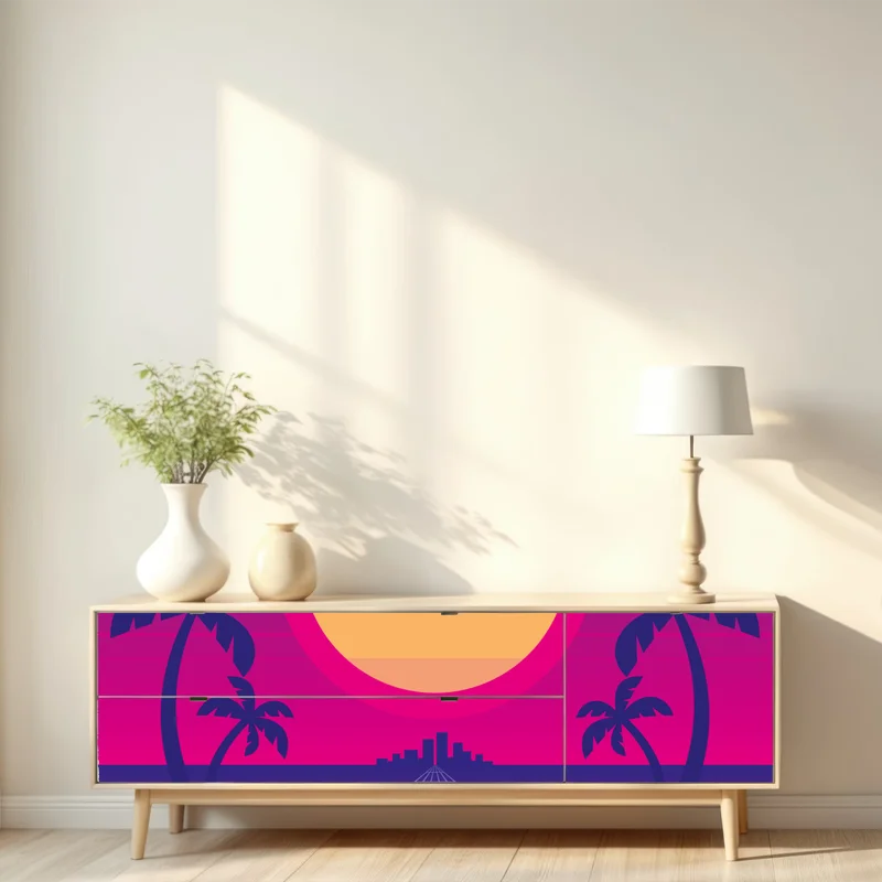 Repositionierbarer Aufkleber neon sonnenuntergang skyline
