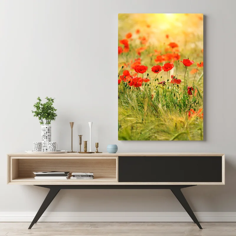Leinwandbild rote mohnwiese im sonnenlicht Leinwandbild rote mohnwiese im sonnenlicht