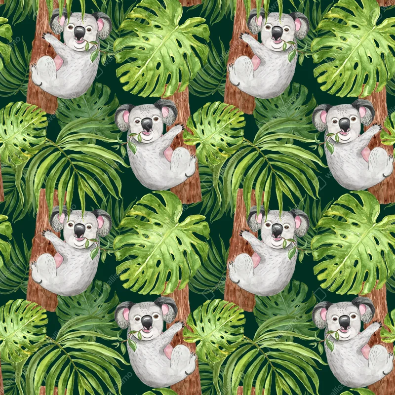 Repositionierbarer Aufkleber niedliches aquarell-koala-muster mit tropischen blättern Repositionierbarer Aufkleber niedliches aquarell-koala-muster mit tropischen blättern