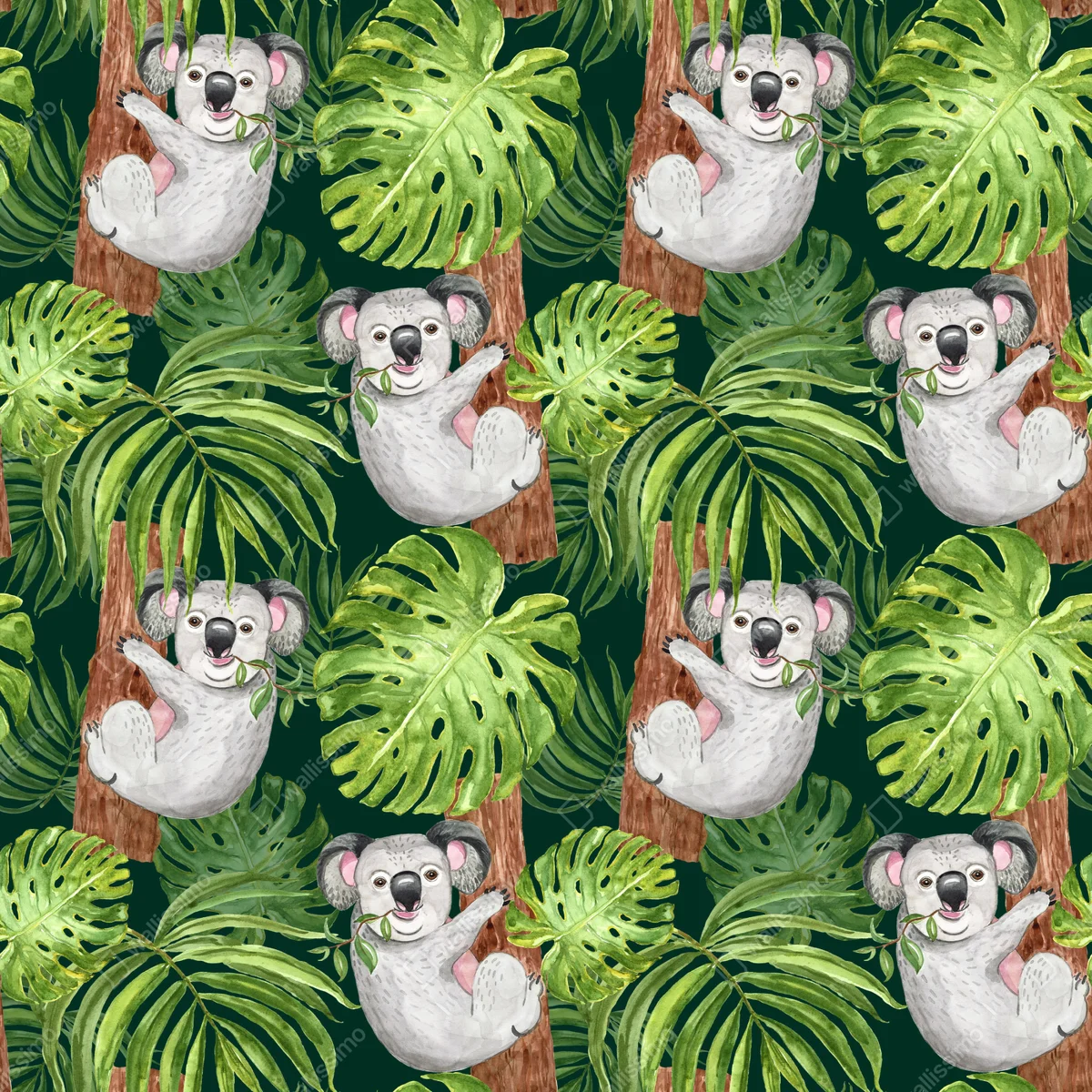 Repositionierbarer Aufkleber niedliches aquarell-koala-muster mit tropischen blättern Repositionierbarer Aufkleber niedliches aquarell-koala-muster mit tropischen blättern