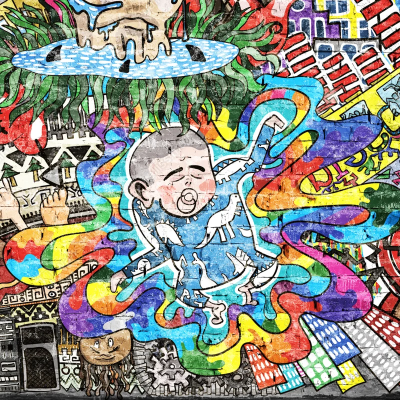 Fototapete buntes graffiti-mural mit träumendem kind Fototapete buntes graffiti-mural mit träumendem kind