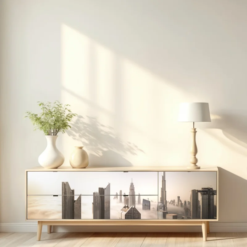 Repositionierbarer Aufkleber neblige Dubai skyline über den wolken