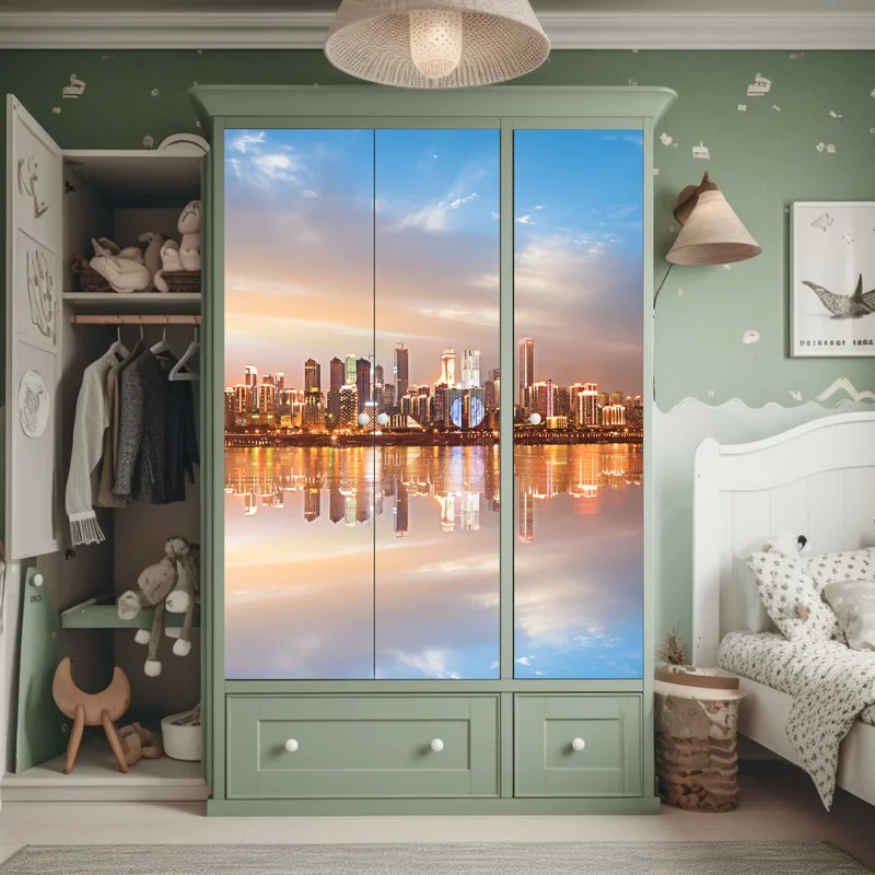 Schrankaufkleber stadtsilhouette im spiegelbild bei dämmerung