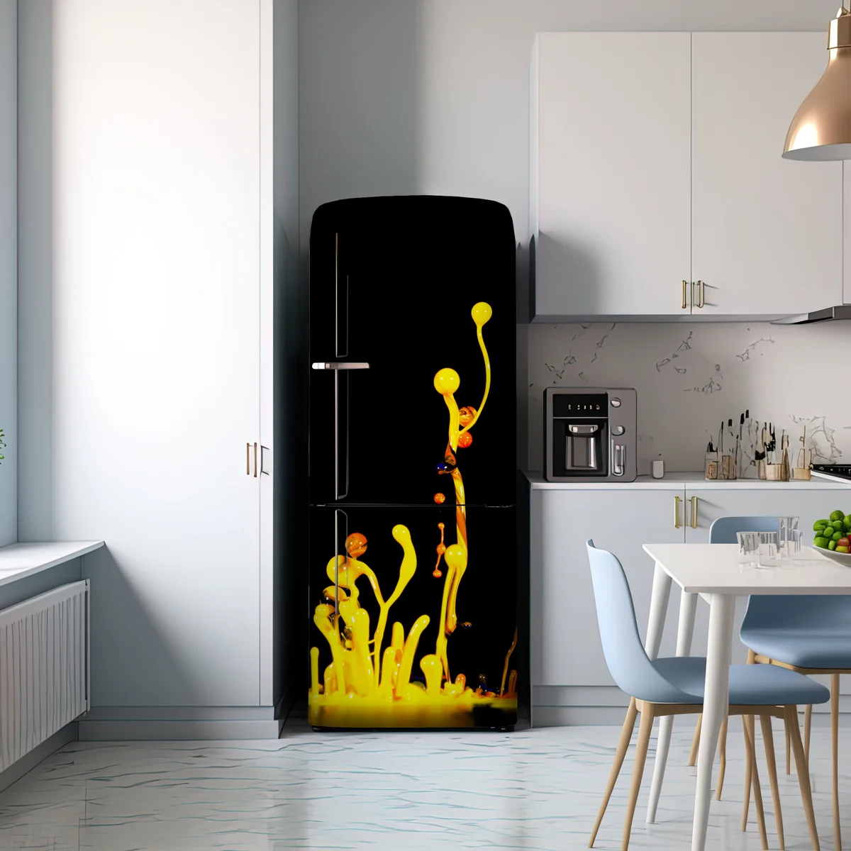 Kühlschrankaufkleber leuchtender gelber farbspritzer auf schwarzem hintergrund Kühlschrankaufkleber leuchtender gelber farbspritzer auf schwarzem hintergrund