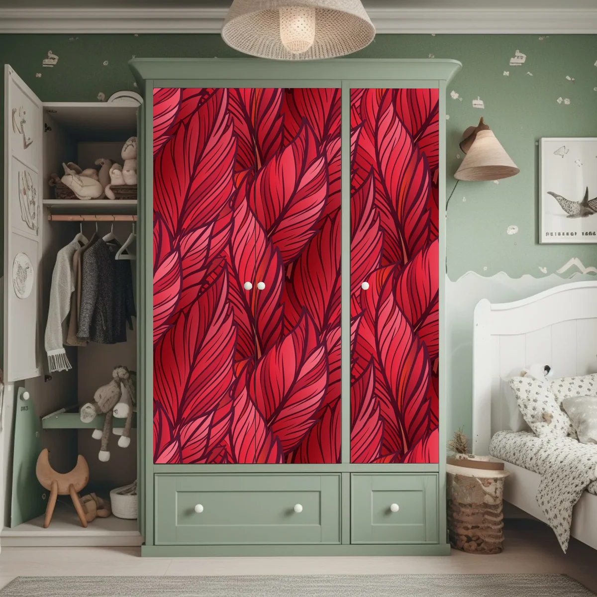 Schrankaufkleber rotes botanisches blättermuster Schrankaufkleber rotes botanisches blättermuster