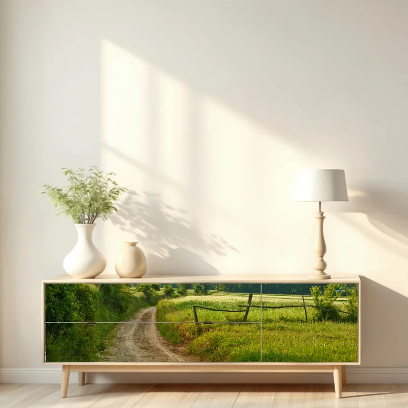 Repositionierbarer Aufkleber sonniger landweg durch grüne wiesen